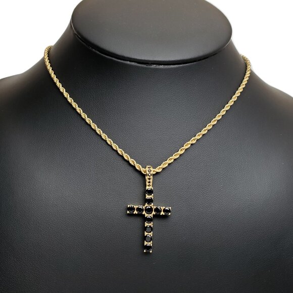 22" Womens 2ct Black Onyx 14K Gold Braided Rope Chain Cross Pendant Necklace NEW - Picture 1 of 7